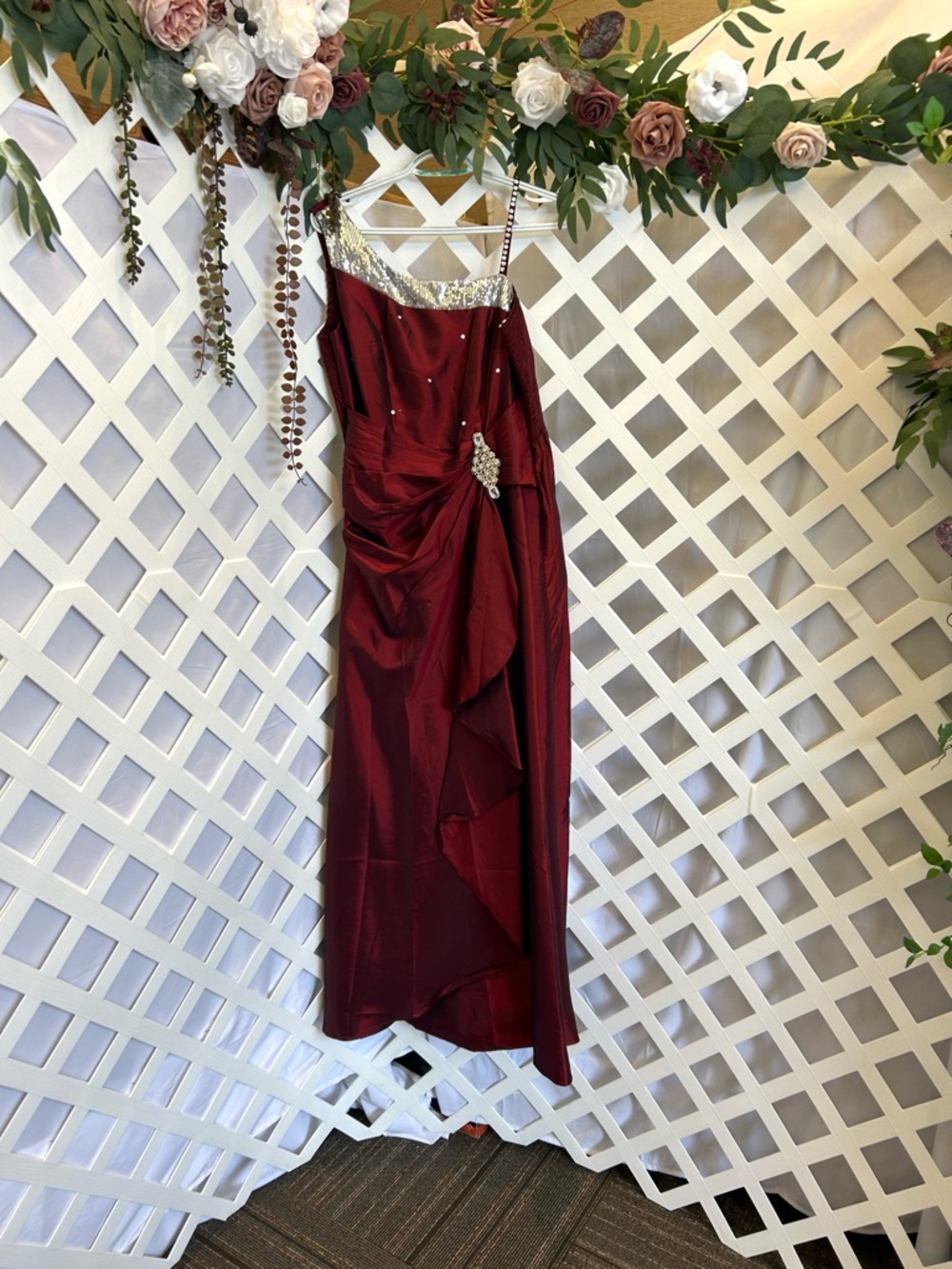 Cherlone Burgundy One Shoulder Formal Dress Rhinestone Prom Gown Size 38